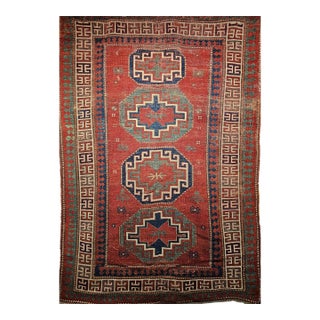 Antique Caucasian Kazak Rug, Handwoven Wool, Geometric Medallion Design, Red & Ivory, 5' x 7' For Sale