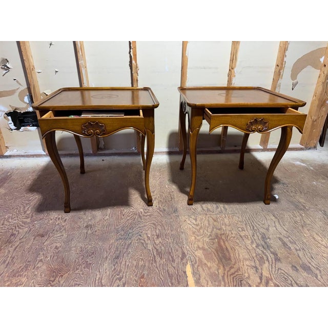 Vintage French Provincial Style Fruitwood Square Lamp Side Tables With Drawers by Bodart. Each features square top with...