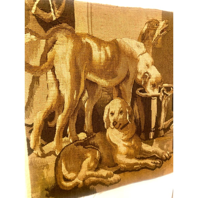 Recreated handwoven 100% wool tapestry fragment featuring three dogs at rest. Original designed by Jacob Jordaens, circa...