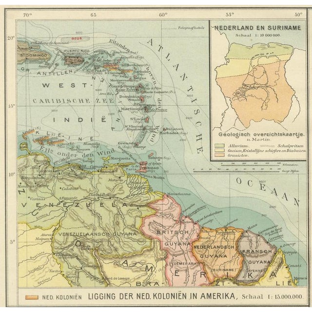 Map of Suriname and the Dutch Antilles Colonial Atlas by W. J. Thieme, 1905 For Sale - Image 4 of 11