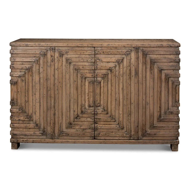 A modern geometric two-door cabinet. This piece features a wide linear geometric design on the doors. The antiqued and...