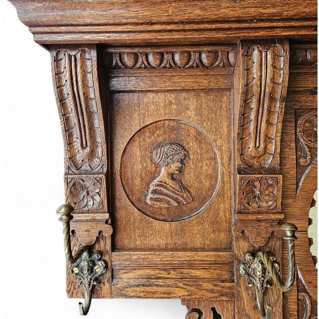 Dutch Entryway Wall Coat Rack in Carved Wood with Central Mirror, 1950s For Sale - Image 10 of 15