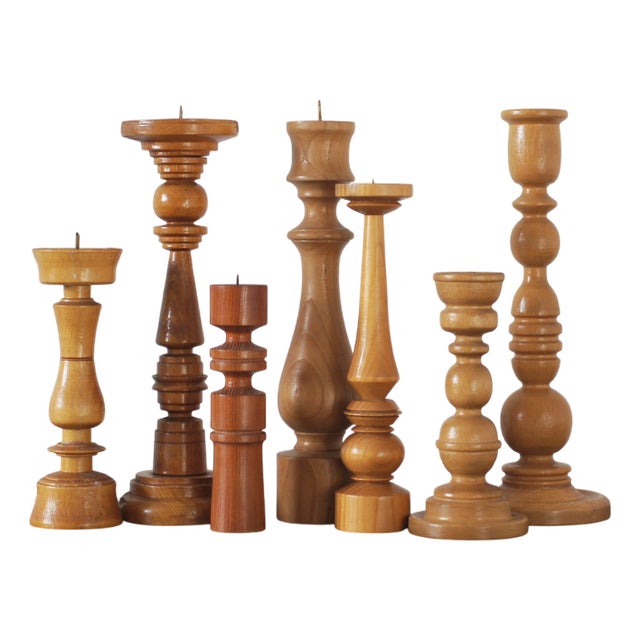 Scandinavian Wooden Candleholders, Set of 7 For Sale