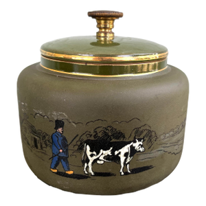 Vintage European Ceramic Tobacco Humidor With Hand-Painted Farmer Scene, c.1930s