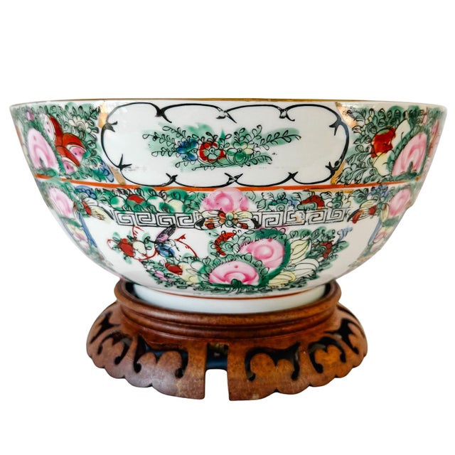 Red 1970s Chinese Rose Medallion Hand-Painted Porcelain Punch Bowl With Carved Wood Stand For Sale - Image 8 of 13