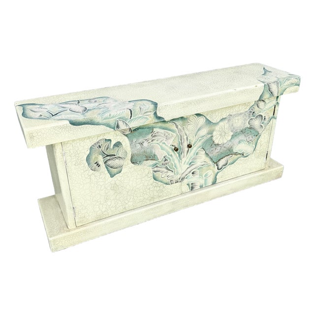 Vintage Hand Painted Crackle Finished Cream Teal and Pink Credenza For Sale