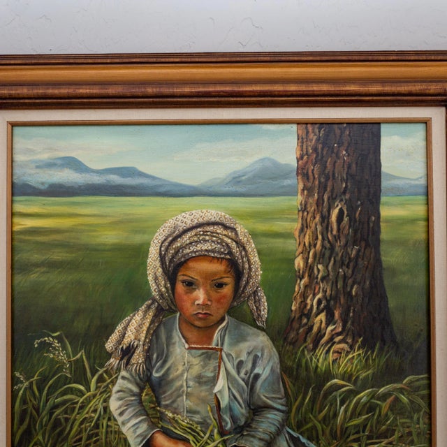 1980s Oil Painting Portrait of an Asian Girl in a Field | Signed and Framed For Sale - Image 5 of 10
