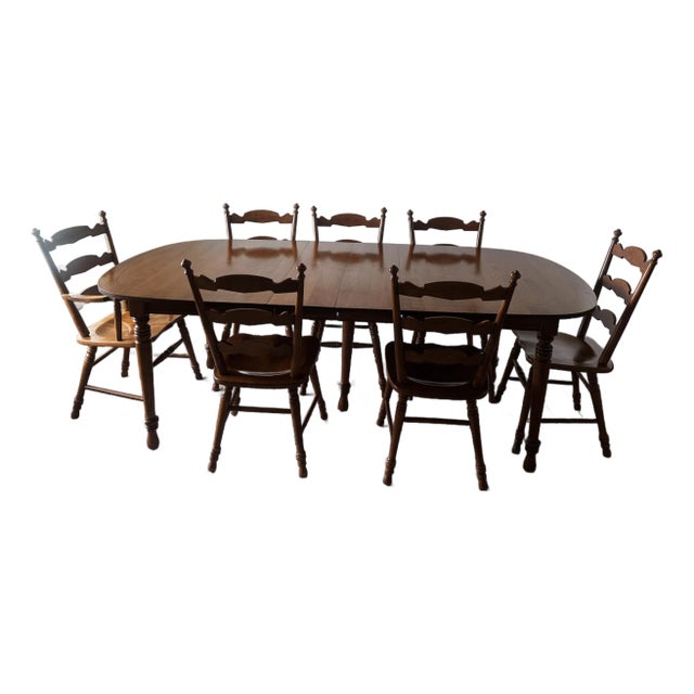 Tell City Chair Co. #48 Andover Solid Maple Dining Set – Extension Table, 2 Leaves, Captain Chair & 6 Side Chairs For Sale