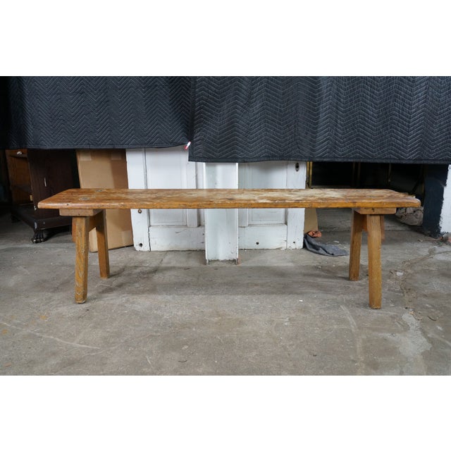 Vintage French Inspired Weathered Reclaimed Oak Farmhouse Peg Leg Bench Seat 68" For Sale - Image 4 of 15