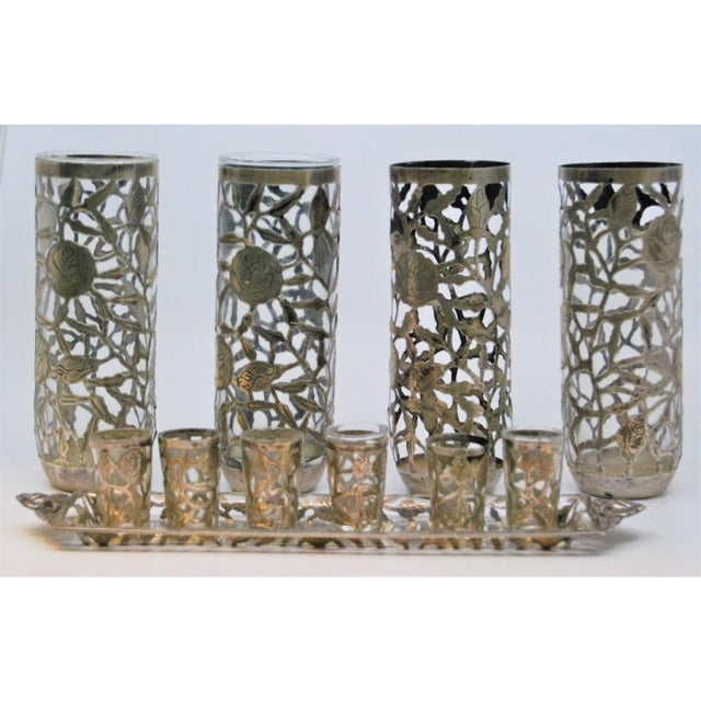 Metal Glass Cups with Cut-Out Silver Application and Tray with Trim, Set of 10 For Sale - Image 7 of 10