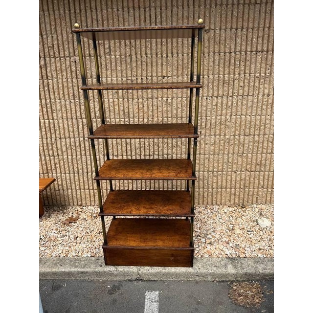 Vintage Hollywood Regency Style Brass Frame Burled Wooden Shelves Bookcase Etagere For Sale - Image 11 of 17