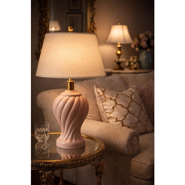 Bubble Gum Vintage Hollywood Regency Pink Spiral Ceramic Table Lamp With Linen Shade For Sale - Image 8 of 8
