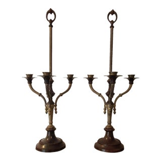 Vintage Brass & Cast Metal Bronze Finish Candleabras - A Pair For Sale