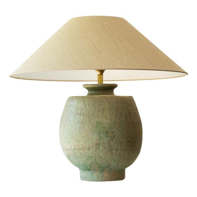 Large Pistachio Green Ceramic Table Lamp with Silk Lampshade attributed to R. Houben, 1970s For Sale