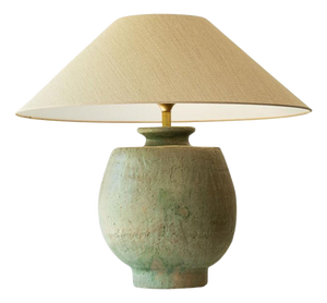 Large Pistachio Green Ceramic Table Lamp with Silk Lampshade attributed to R. Houben, 1970s