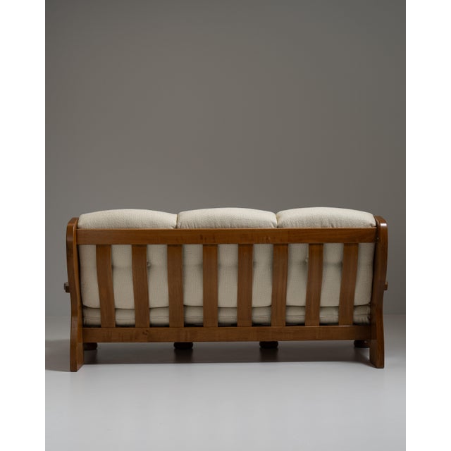 1970s French Chestnut Brown Brutalist Oak Upholstered Sofa For Sale - Image 4 of 15
