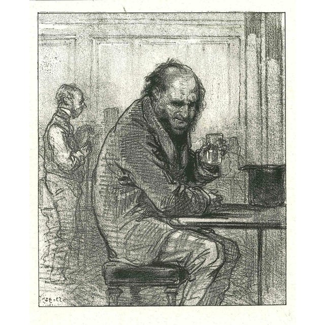 A Man with Whisky is an original lithograph artwork on ivory-colored paper, realized by the French draftsman Paul Gavarni...