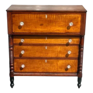 Antique Federal Period Tiger Maple & Cherry Spool Turned Tall Chest / Dresser