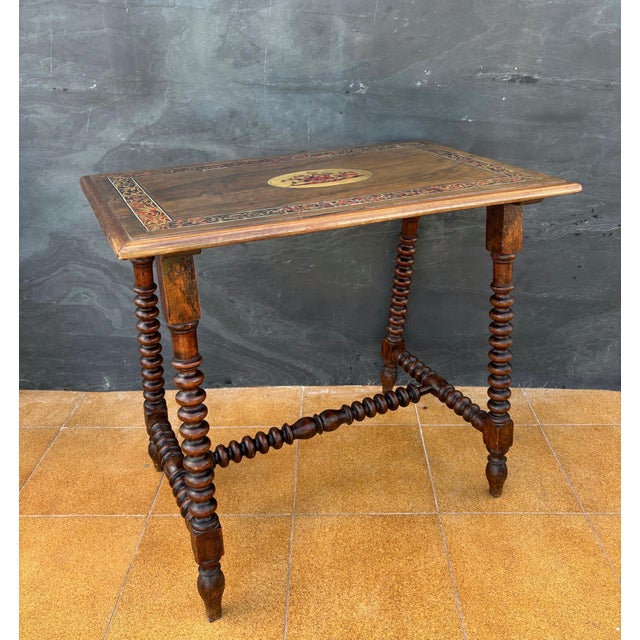 Brown Spanish Barley Twist Table with Inlaid Marquetry Top, Early 20th Century For Sale - Image 8 of 13