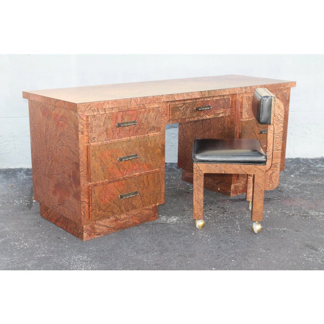 1960's Mid Century Modern Copper Clad 7 Drawer Writing Desk With Matching Chair For Sale In Miami - Image 6 of 12