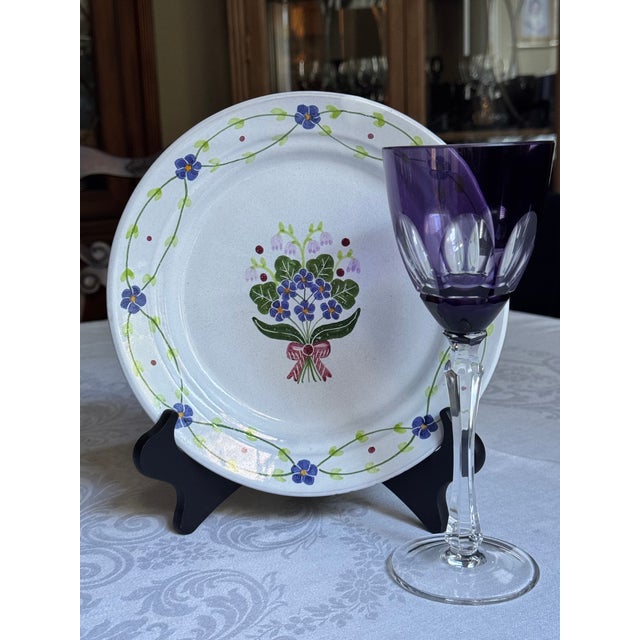 From Kusak Cut Glassworks, here is a set of tall vintage wine goblets in jewel tone amethyst cut to clear. Refracts light...