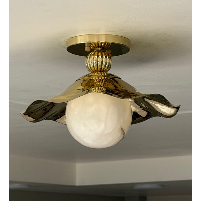 Wavy Brass Flush Mount Light With Alabaster Globe For Sale - Image 13 of 13