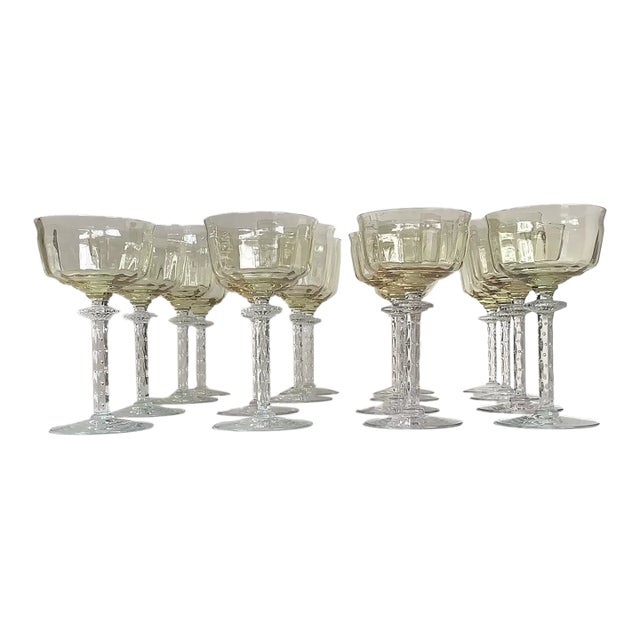 1930s Tiffin Glass Company Hand Blown Wine Goblets and Champane Glasses- 16 Pieces For Sale