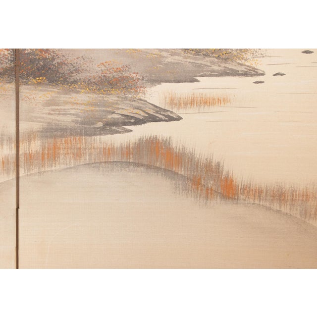 1960s Shōwa Era Japanese Silk Byobu Screen "Autumn Landscape With River" For Sale - Image 12 of 18