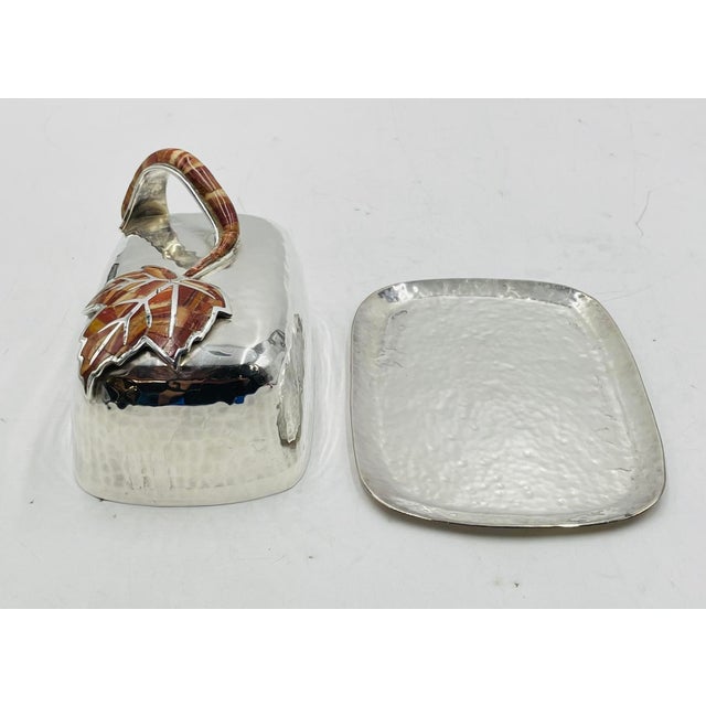 1980s Emilia Castillo Silver Plated “Maple Leaf” Jasper Inlay Covered Butter Dish For Sale - Image 10 of 14