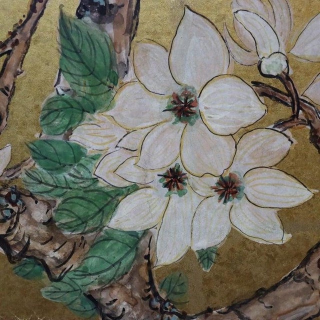 Vintage Japanese Gilt , Figural & Floral Hand Painted 3-Panel Screen C1940 For Sale - Image 4 of 14