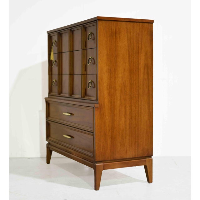 Brown 1960s Mid Century Modern Walnut Highboy Dresser by Dixie Furniture For Sale - Image 8 of 14