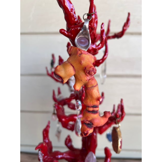 Wunderkammer-Style High-Quality Faux Red Coral Decorative Sculpture With Antique Pendants Handpainted Vase & Marble Base For Sale - Image 4 of 17