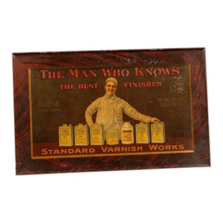 Early 20th Century Standard Varnish Works Woodworker Tin Advertising Sign For Sale