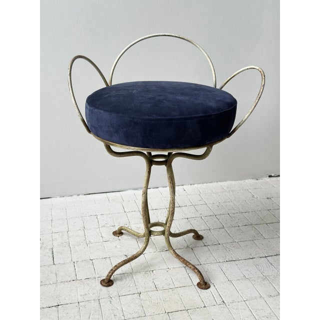 1950s Vintage White-Painted Iron Petal Back Vanity Chair With Navy Suede Seat, Circa Mid-20th Century For Sale - Image 5 of 16