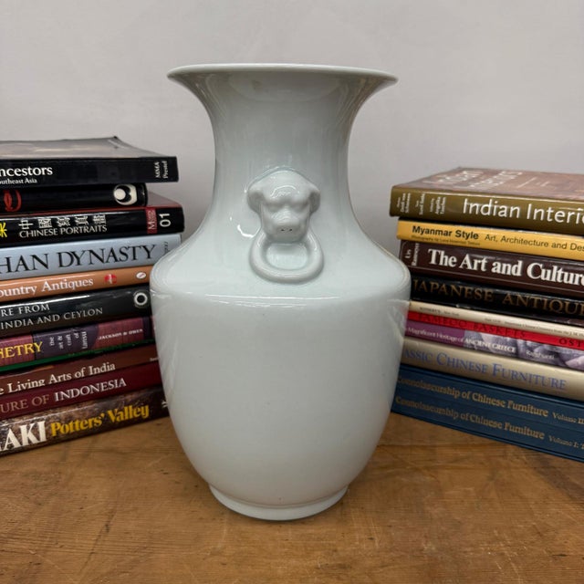 Rustic White Glazed Ceramic Vase with Foo Dog Handles For Sale - Image 3 of 9