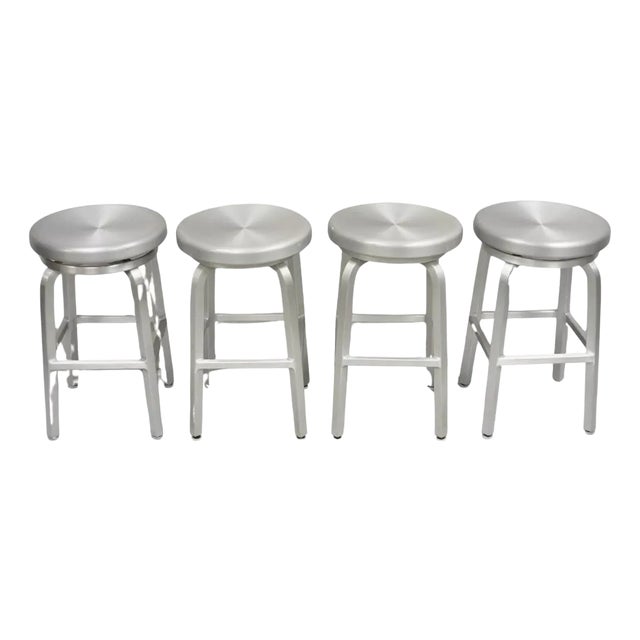 Crate & Barrel Brushed Aluminum Metal Swivel Counter Stools - Set of 4 For Sale