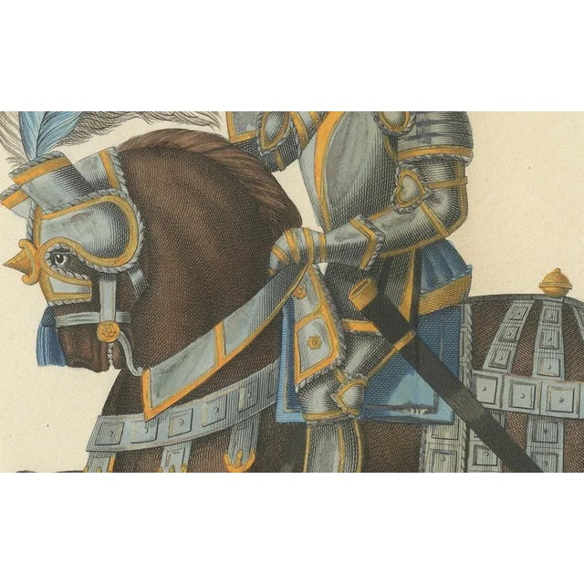 Title: Knights in Jousting Armor on Caparisoned Horses : This hand-colored lithograph vividly portrays two knights clad in...