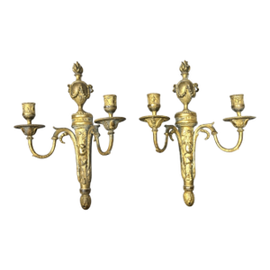 Pair 18th C French Louis XVI Gilt Bronze 2 Light Sconces