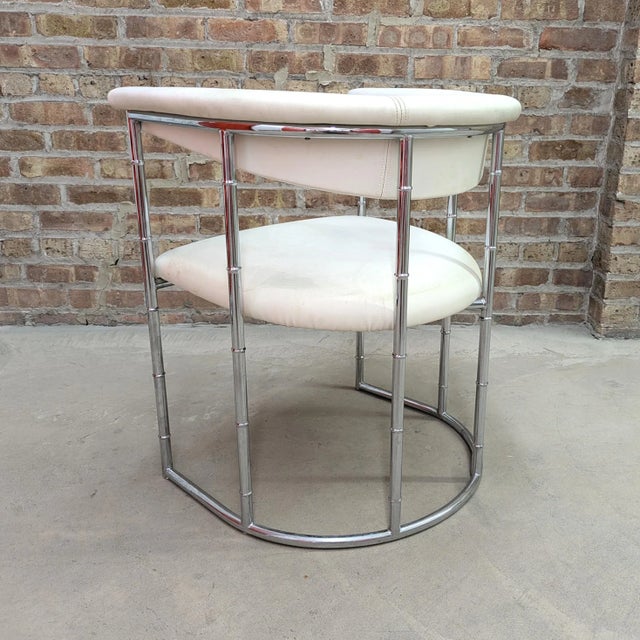 1970's Chrome & White Naugahyde Faux Bamboo Barrel Lounge Chair For Sale - Image 4 of 8