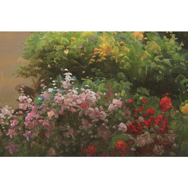 Large Hand Painted Oil Painting on Canvas Outdoor Garden Scene For Sale - Image 9 of 18