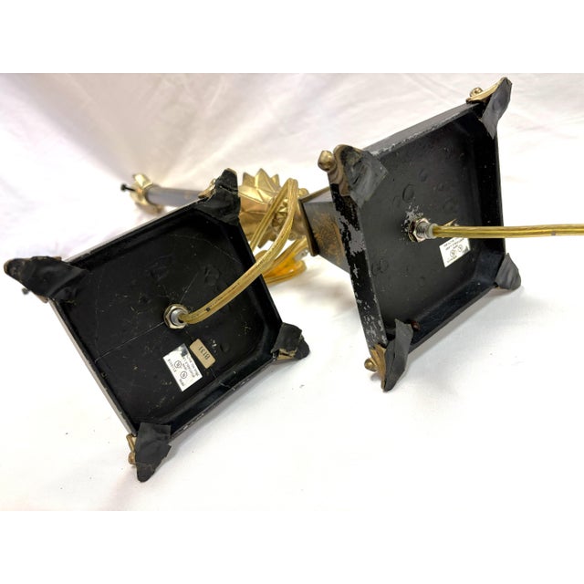 Vintage French Tole and Brass Candlestick Lamps With Pineapple Motif- A Pair For Sale - Image 15 of 18