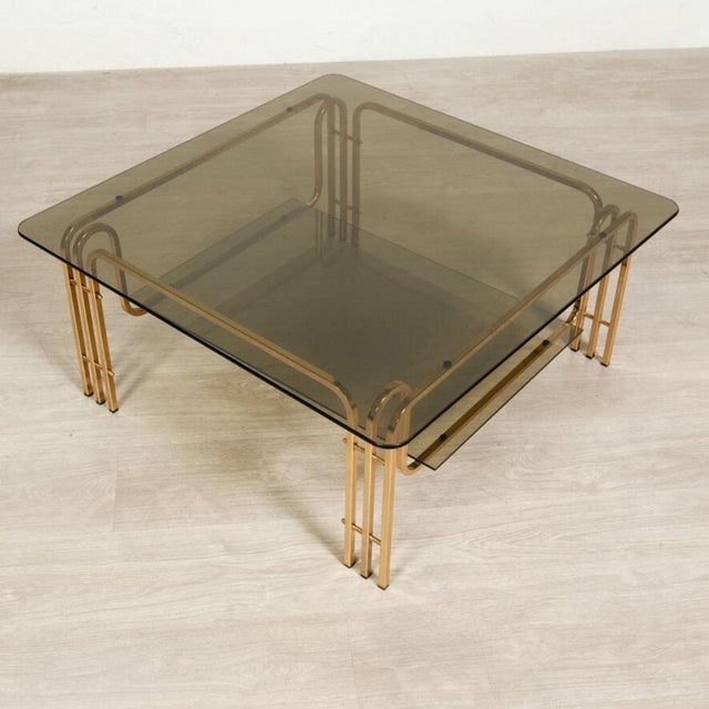 Coffee Table in Gold-Colored Metal & Smoked Glass, 1970s For Sale - Image 5 of 18