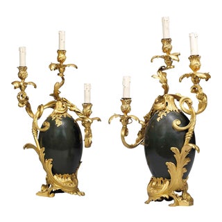 Late 19th Century Henry Dasson Gilt and Patinated Bronze Three Light Candelabra, Dated 1886 - a Pair For Sale