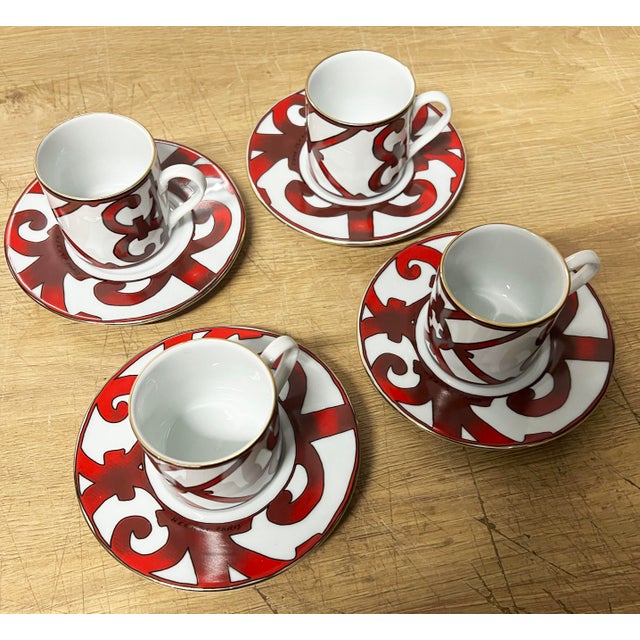 Brick Red Hermes Demitasse/Espresso 4 Cups Saucers “Balcon Du Guadalquivir” - 8pcs For Sale - Image 8 of 10