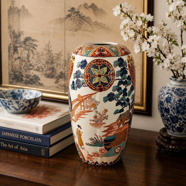 A striking antique Japanese Imari porcelain vase dating to approximately the late Meiji to early Taishō period, circa...