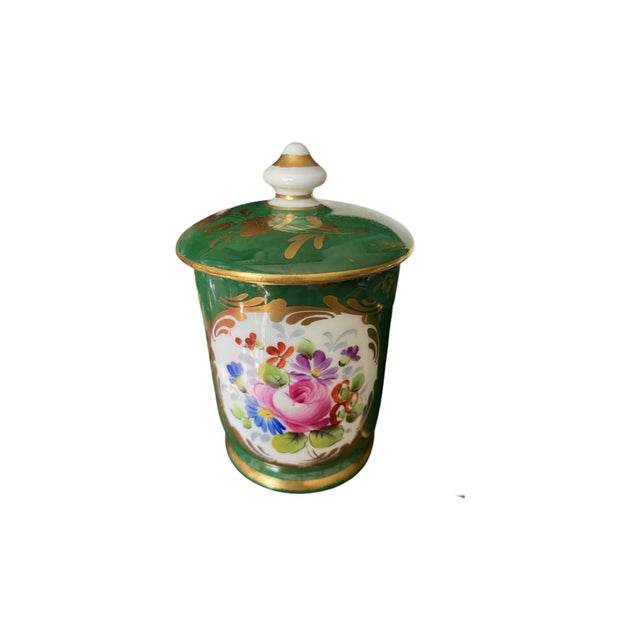 Victorian Antique Green French Victorian Hand Painted Porcelain ApothecaryJars With Lids, Set\3 For Sale - Image 3 of 7