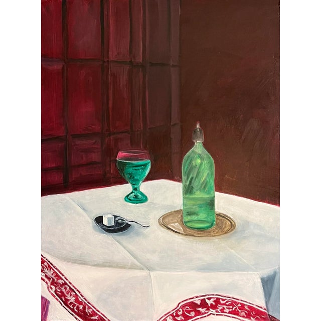 Oil painting on board of absinthe in a Pontalier with an absinthe spoon and sugar cube set on a dish alongside a bottle of...