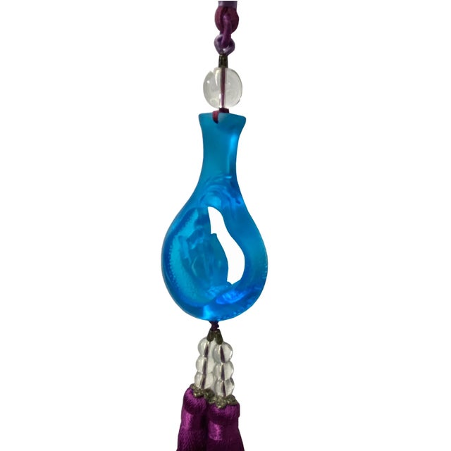 Contemporary Liuli Crystal Glass Fengshui Fortune Blue Lotus Hand Bottle Decor Tassel For Sale - Image 3 of 6