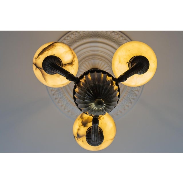Art Deco Alabaster and Brass 3-Light Chandelier, 1930s For Sale - Image 12 of 18