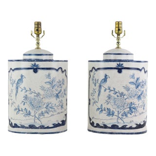 A Pair Vintage English Export Tea Caddy Hand-Painted Chinoiserie Flowers and Birds Table Lamp. For Sale